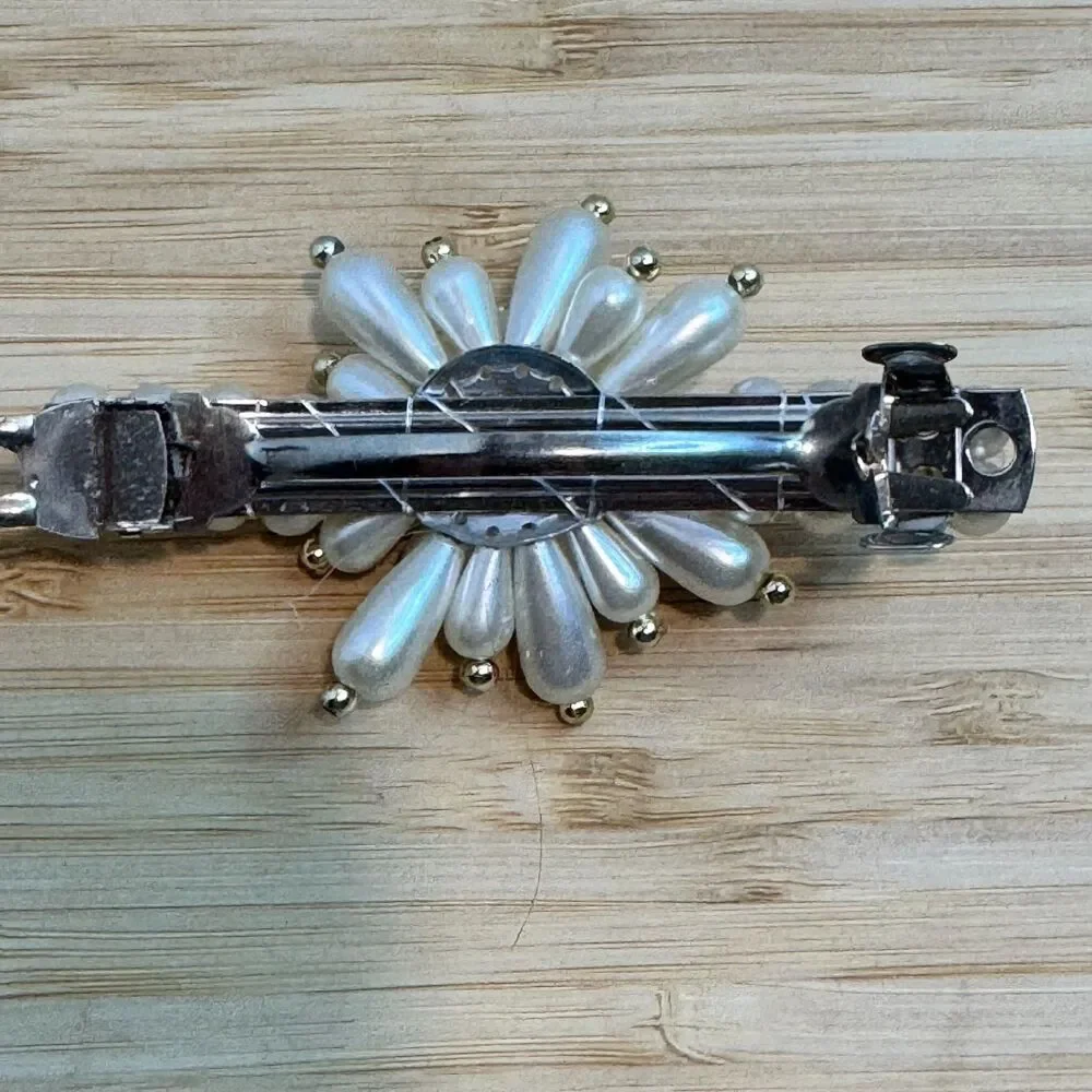 Pearl Flower Hair Barrette Clip White Faux Pearl Silver Tone Bridal Floral
